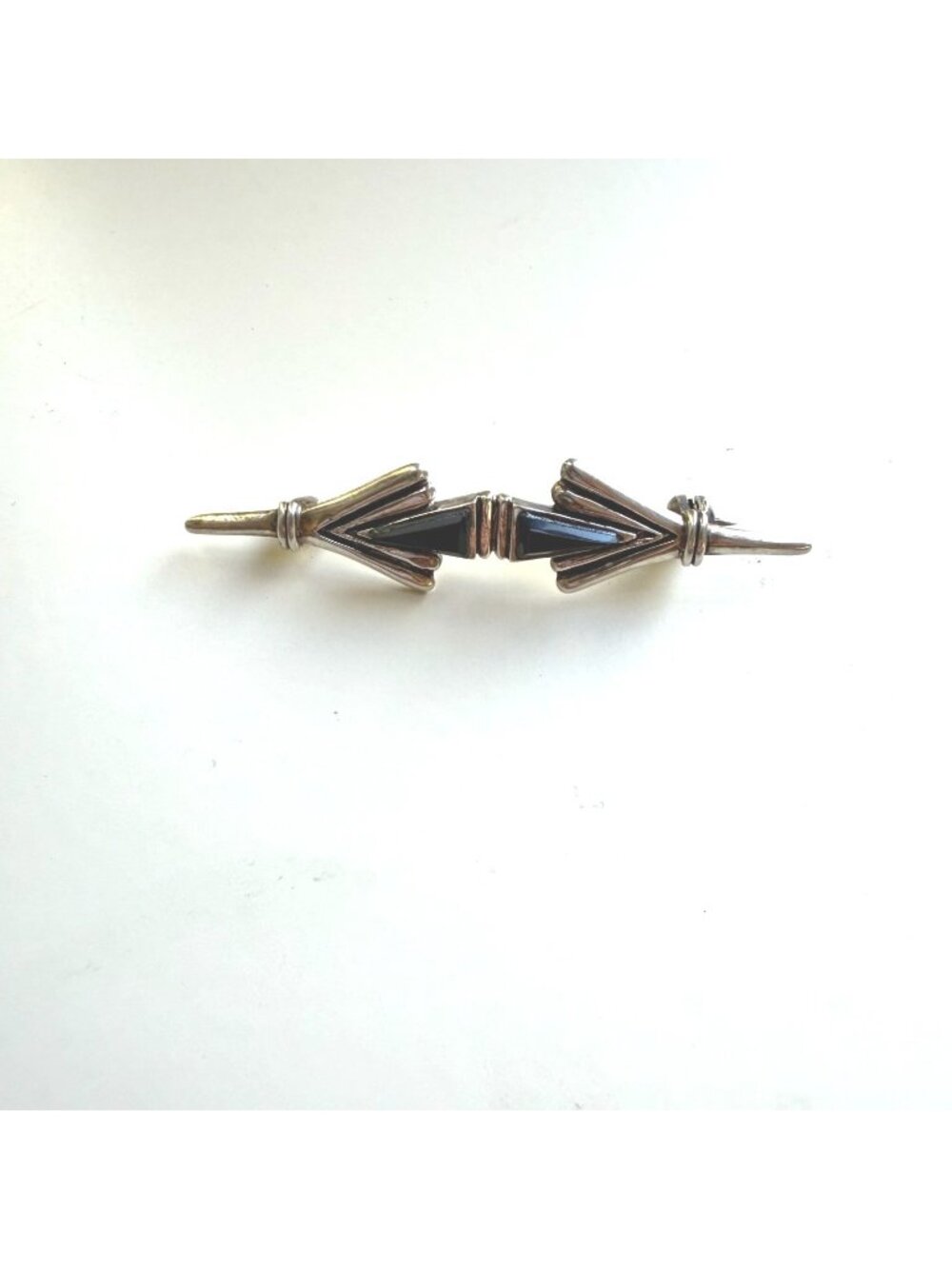 Sterling Silver 925 Black Stone Double Arrow Brooch Art Deco